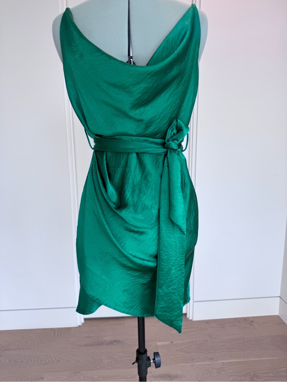 Emerald Green Satin Cowl Mini Dress with Waist Tie
